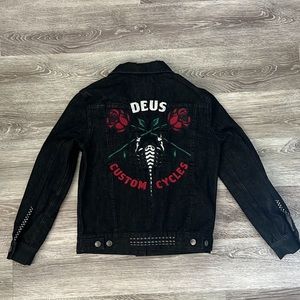 Deus Ex Machina Denim Jacket Womens Size 8 Black Emboridered Scorpion Moto Biker